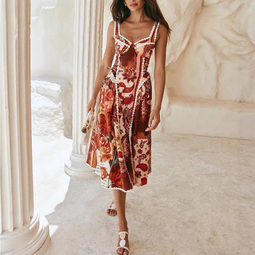 Zimmermann Floral Patchwork Midi Dress in Red and Cream